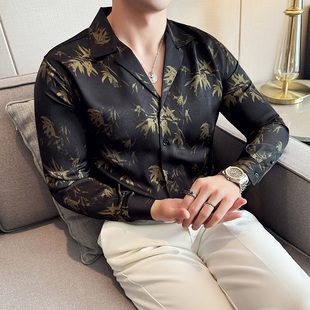 古巴领印花衬衫男长袖痞帅休闲西装领时尚复古风薄款丝滑缎面衬衣