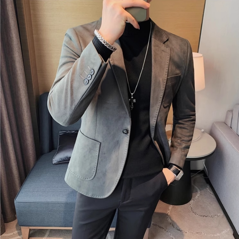 麂皮绒休闲复古西服男上衣高级感韩版痞帅外套修身英伦时尚小西装