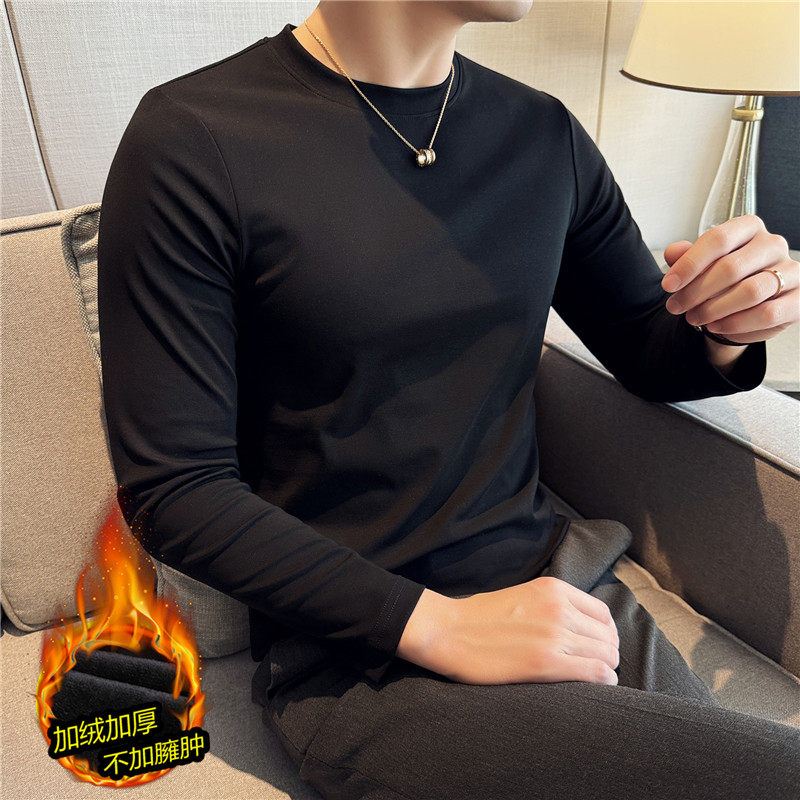 薄绒基础纯色紧身t恤男长袖韩版修身圆领体恤弹力纯棉内搭打底衫