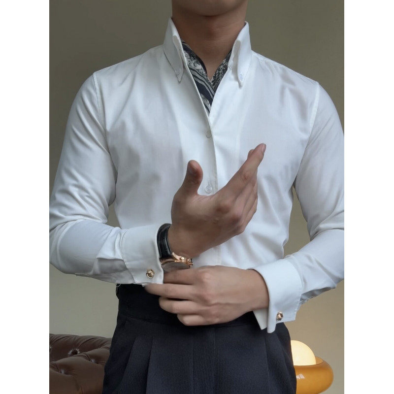 带袖扣新郎法式V领衬衫男商务宴会结婚礼服西装修身内搭长袖衬衣
