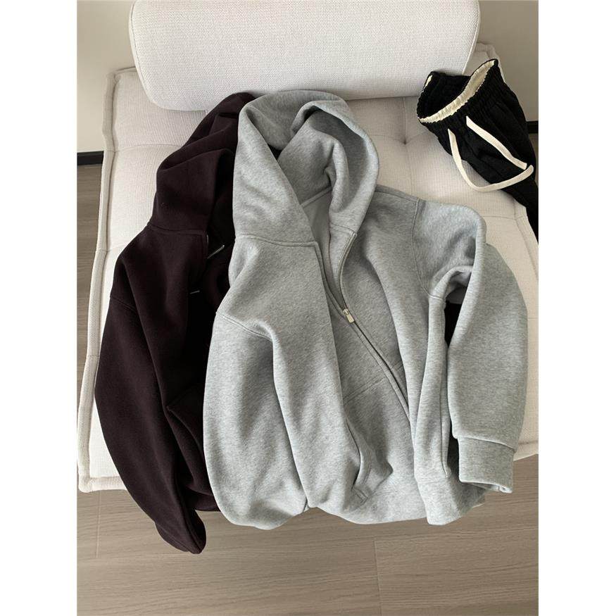 460g重磅摇粒绒卫衣外套女慵懒韩系大版连帽拉炼开衫冬季加绒外套