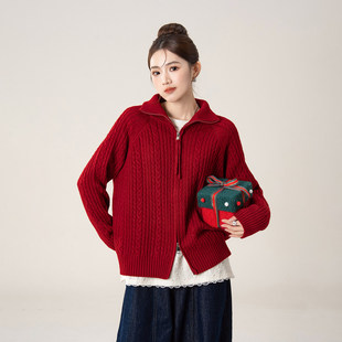 波尔多红色麻花双拉链针织开衫女冬季新款慵懒风宽松毛衣外套上衣