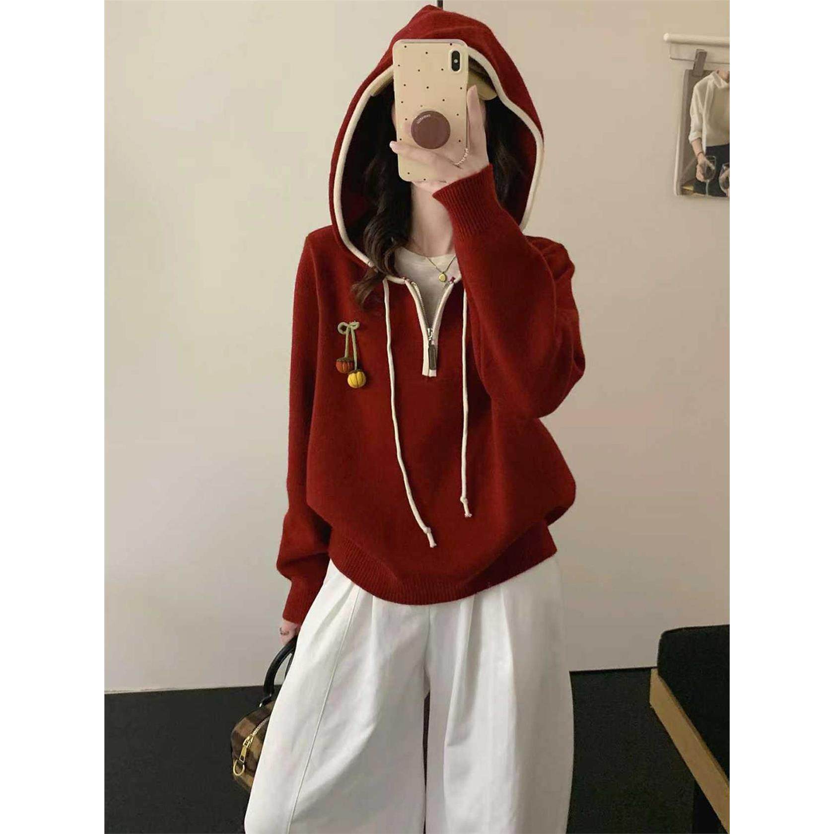 冬季半拉炼连帽红色毛衣女2025新款爆款内搭可外穿针织打底衫秋冬