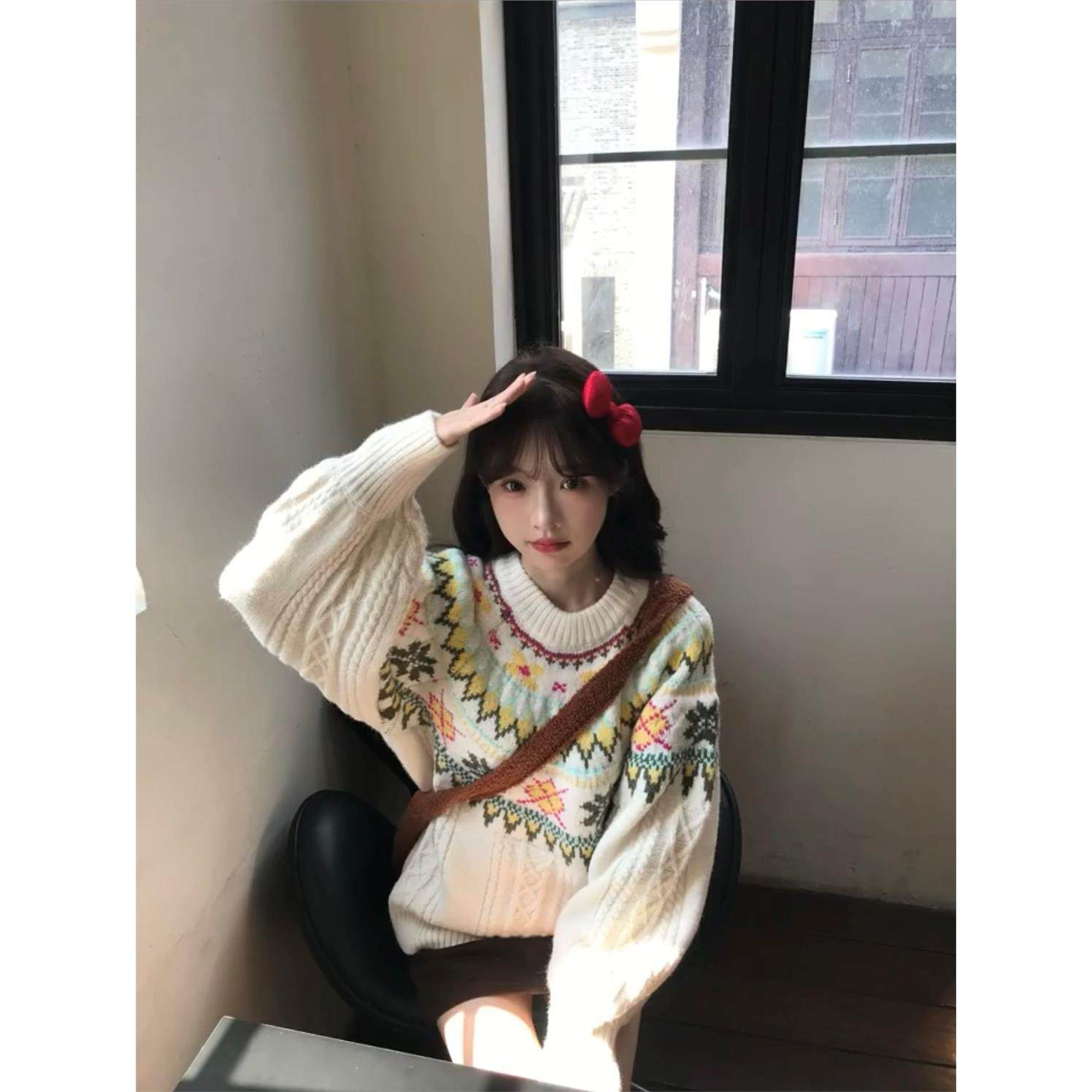 覆古费尔岛毛衣女秋冬新款慵懒风温柔圆领加厚韩系超好看上衣