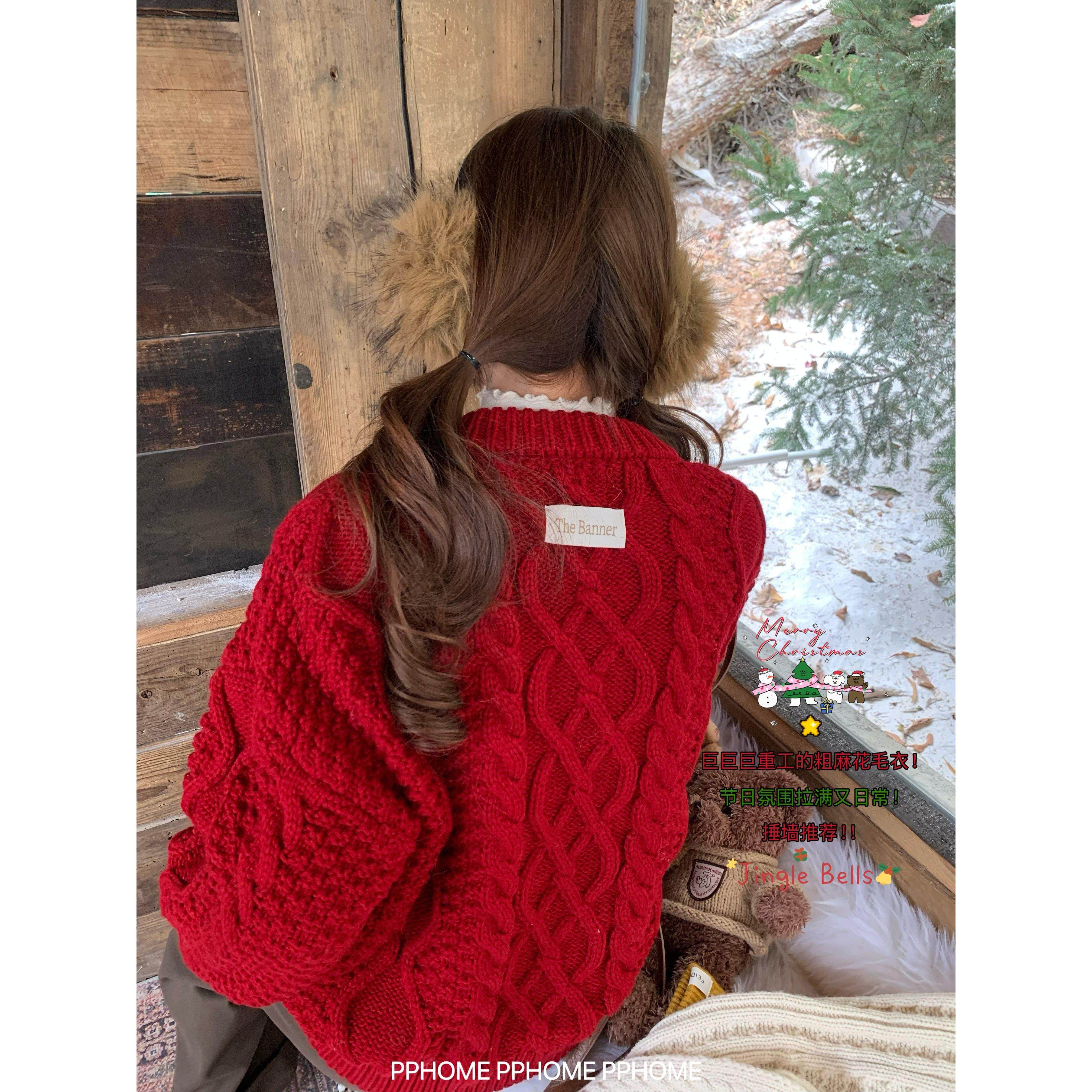 PPHOME自制~麻花毛衣 重工韩代圣诞款粗针复古秋冬百搭宽松针织衫