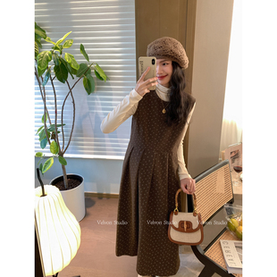 【陈格格】咖色韩系叠穿复古碎花气质百褶背心长裙