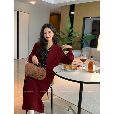 【陈格格】优雅氛围~法式复古波点丝巾宽松休闲针织连衣裙