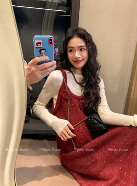 【陈格格】天选新年战袍~法式复古红色钩花针织叠穿吊带连衣裙