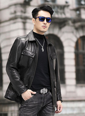 新款男士时尚皮夹克真皮植鞣头层牛皮皮衣春秋季薄款中年单装外套