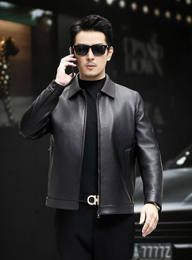 2024新款男士鹿皮皮衣商务休闲翻领春秋季薄款单装中年高端皮夹克