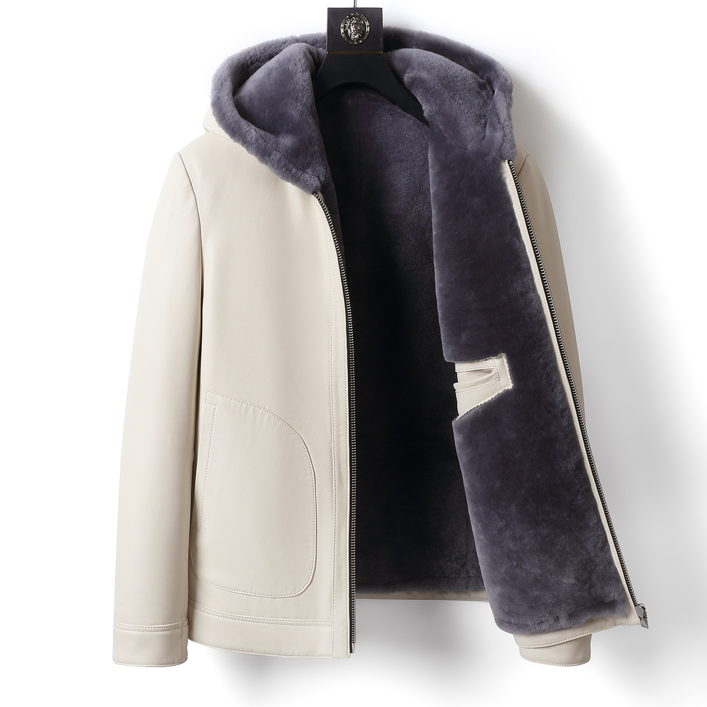 冬季皮毛一体男士外套连帽真皮皮衣绵羊皮夹克加厚羊羔毛皮草大衣