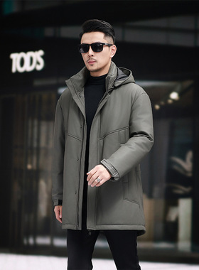高档头层牛皮羽绒服长款脱卸帽加厚真皮皮衣时尚休闲男士皮风衣