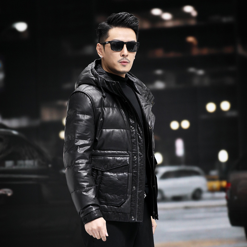 X7276冬季新款海宁真皮羽绒服男连帽外套超薄小牛皮皮衣鹅绒服