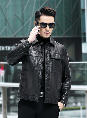 春秋新款男士真皮皮衣男油蜡牛皮夹克韩版机车男装翻领外套P500