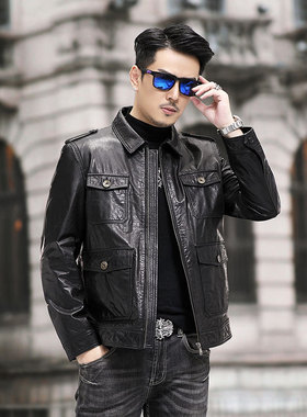 新款男士真皮皮衣时尚机车翻领牛皮夹克外套秋季薄款单装帅气潮