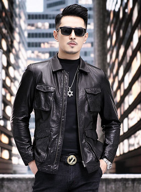 中年皮夹克男士薄款翻领单装头层牛皮多口袋真皮皮衣海宁秋季外套