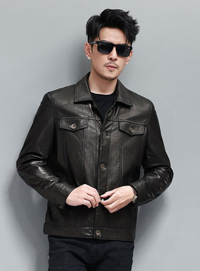 新款头层山羊皮男士翻领气质时尚修身百搭皮衣皮夹克高档简约外套