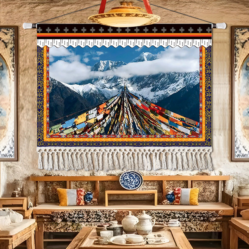 西藏风景藏式挂画布艺沙发少数民族风情藏族餐厅装饰画客厅壁画布