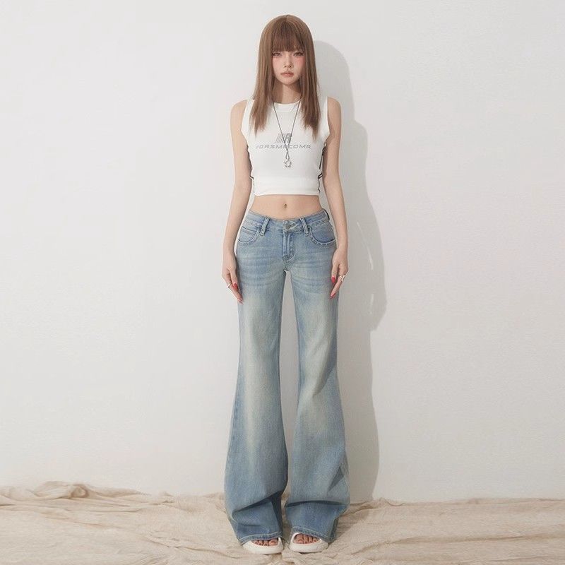 低腰微喇叭弹力牛仔裤女黑牛同款