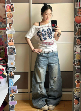 美式高街辣妹破洞阔腿牛仔裤女夏季复古设计感宽松显瘦直筒拖地裤