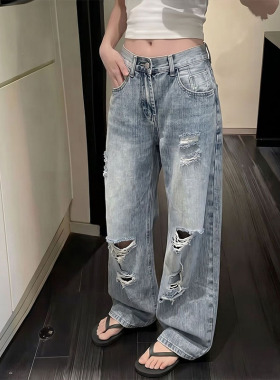 高个子加长美式浅蓝破洞牛仔裤女夏季高腰宽松显瘦直筒阔腿拖地裤