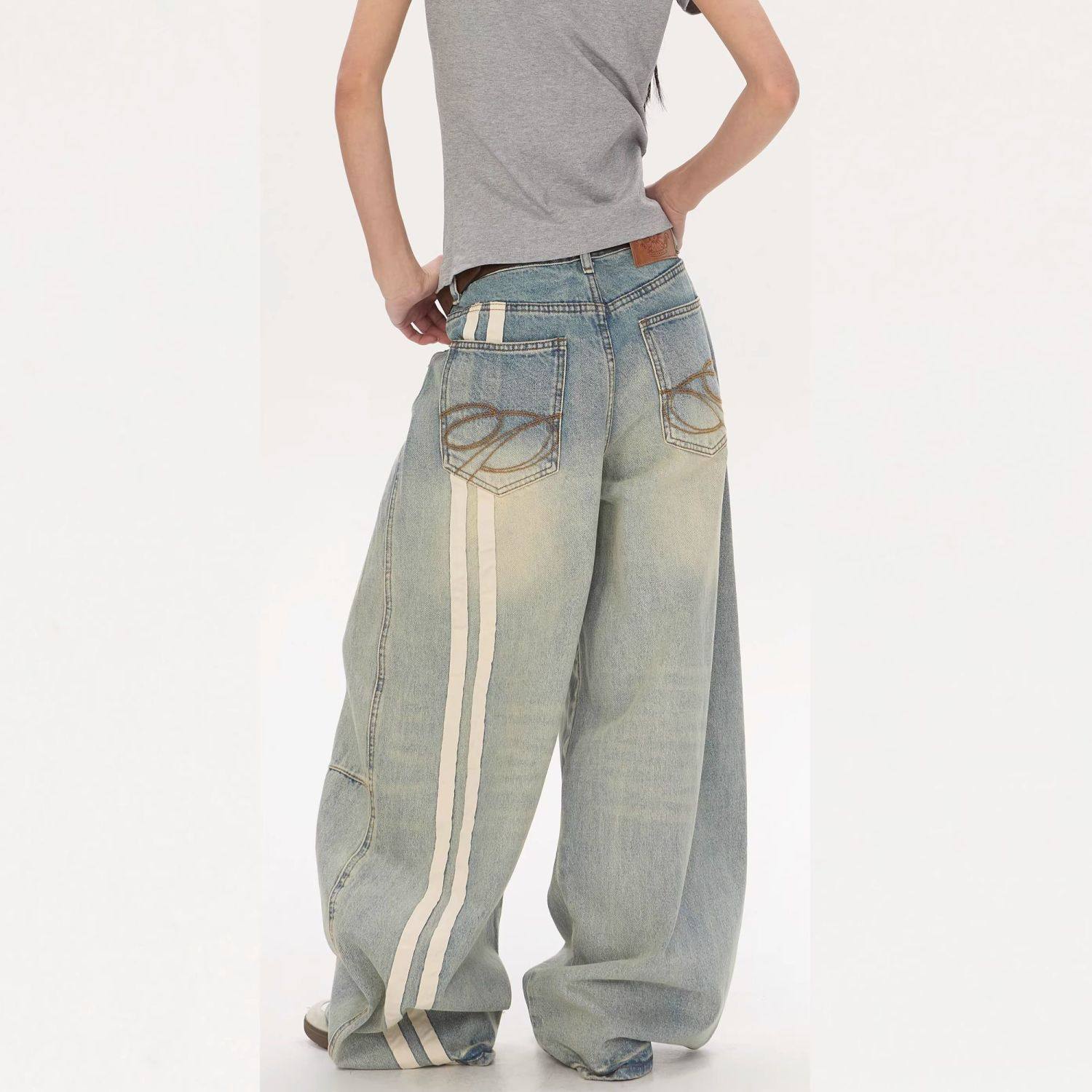 美式复古水洗猫须阔腿垂感弯刀牛仔裤女早春直筒拖地百搭长裤,女装/女士精品,牛仔裤,淘宝优惠券,粉丝福利购,淘宝优惠卷