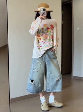 美式复古破洞七分牛仔裤女夏季高腰显瘦八分中裤阔腿六分梧桐短裤