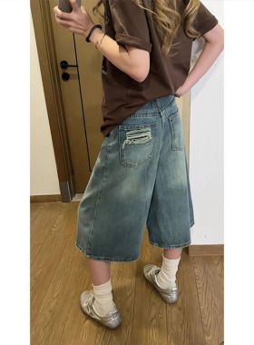 美式复古折痕破洞七分牛仔裤女夏季新款高腰宽松显瘦直筒阔腿短裤
