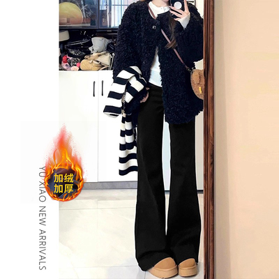 黑色加绒低腰微喇牛仔裤女