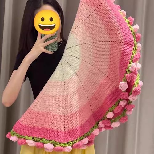 尖角玫瑰花束毯子手工编织