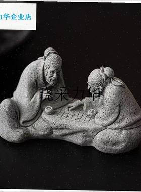 老者对弈老人下棋鱼缸造景园艺花卉假山盆景Q摆件覆古桌面创意装l