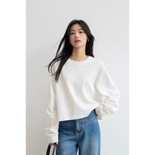 弥古白色插肩袖长袖短款卫衣t恤女春秋高级感小个子宽松休闲上衣