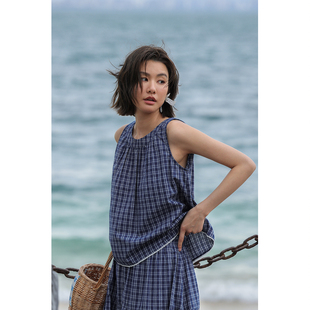 弥古复古蓝色格子无袖背心女外穿宽松克莱因蓝上衣夏季内搭打底衫