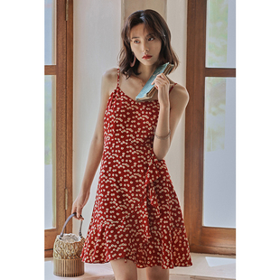 弥古紫色碎花连衣裙高级感女夏季雪纺吊带裙小个子海边度假沙滩裙