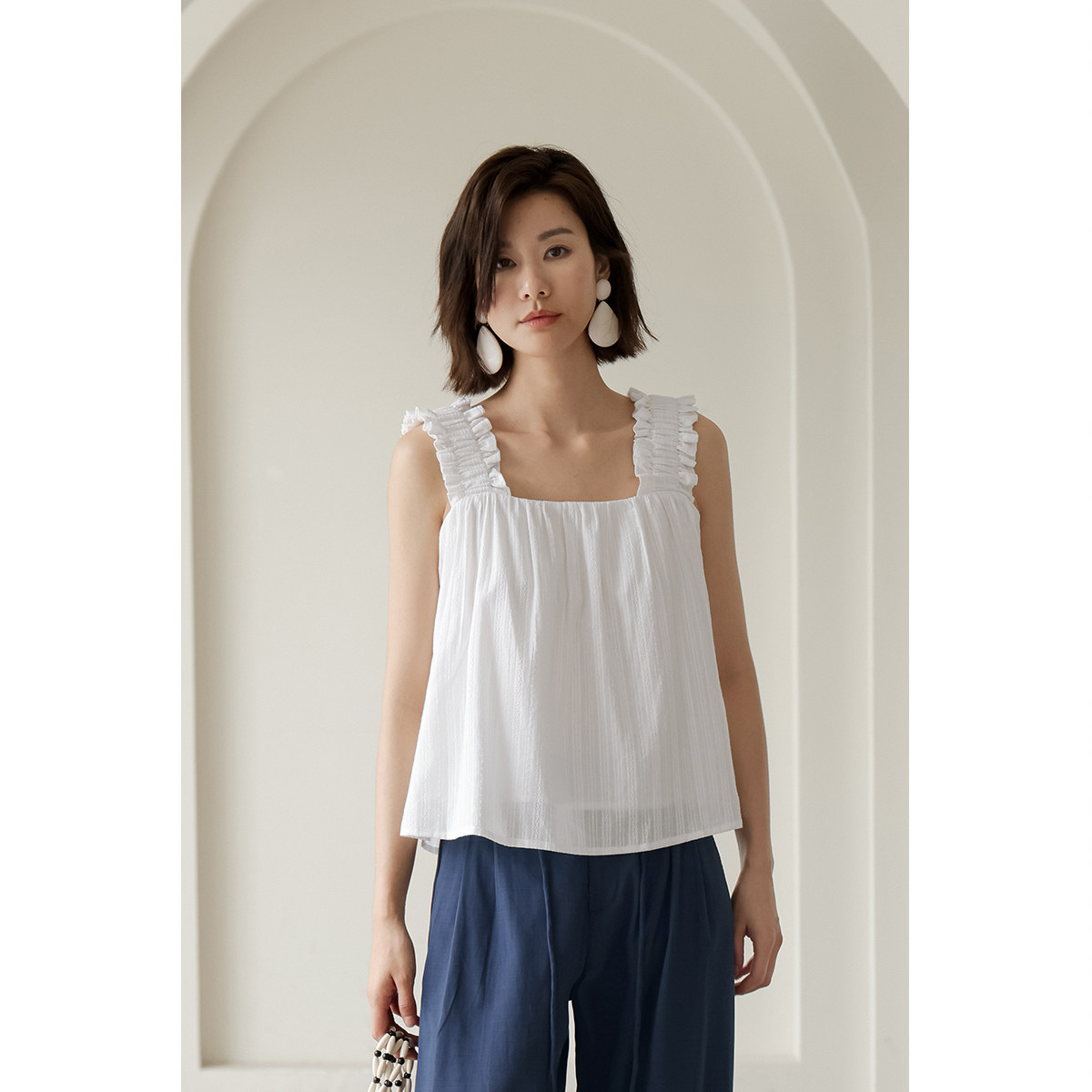 弥古法式白色背心女外穿夏季纯棉吊带打底内搭宽松宽肩带无袖上衣