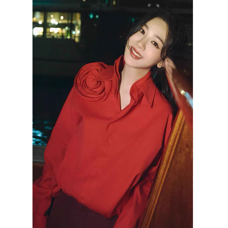 杨紫同款长袖内搭打底衫上衣设计感小众新年圣诞红色花朵衬衫女春,女装/女士精品,衬衫,淘宝优惠券,粉丝福利购,淘宝优惠卷