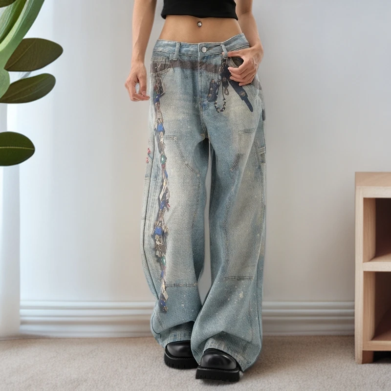 高街印花泼墨直筒阔腿牛仔裤女