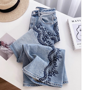 2026春季新款复古休闲高街时尚加绒印花牛仔裤蓝色水钻阔腿裤子