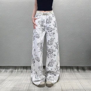 女百搭垂感阔腿长裤 2025夏季 玫瑰印花高腰直筒牛仔裤 流行新款 爆款