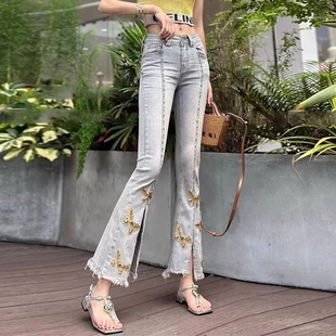 女薄款 新款 高腰微喇毛边九分牛仔裤 2025年夏季 显瘦浅色修身 直筒裤