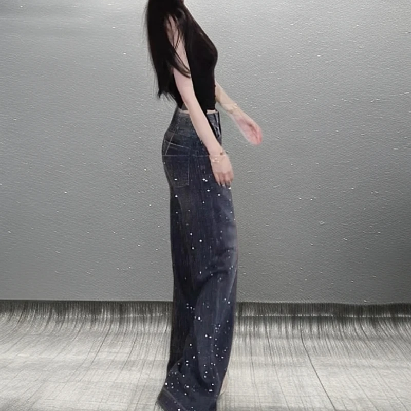 爆闪牛仔裤女百搭高级满钻阔腿裤