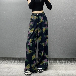 复古蝴蝶印花黑色牛仔裤 2025夏季 小众显瘦设计长裤 流行新款 女 爆款