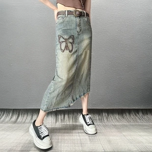 春季 休闲高腰显瘦蝴蝶刺绣开叉牛仔半身裙女 2025新款 今年流行爆款