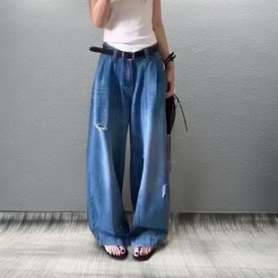 破洞阔腿牛仔裤 2025夏季 小众休闲高腰显瘦弯刀长裤 流行新款 女 爆款