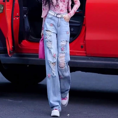 重工刺绣玫瑰花朵破洞牛仔裤子女
