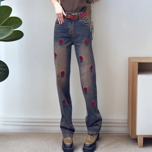 流行新款 小众高腰显瘦阔腿裤 2025夏季 爆款 女 个性 刺绣花朵牛仔长裤