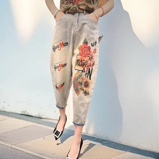 新款 女 夏季 高级设计感潮流复古烫钻刺绣字母印花九分哈伦牛仔裤