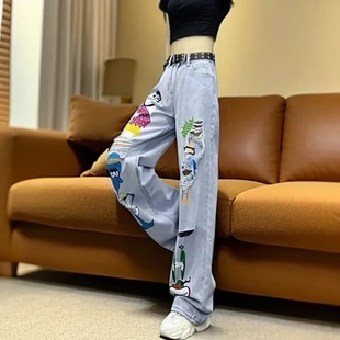 新款 夏天高级设计感潮流卡通印花破洞牛仔裤 女高腰宽松阔腿拖地裤