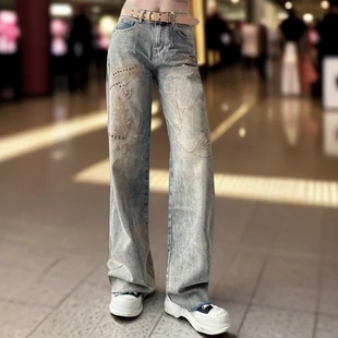 女装 显瘦时尚 2025年流行新款 夏季 女 百搭刺绣阔腿裤 钉珠直筒牛仔裤