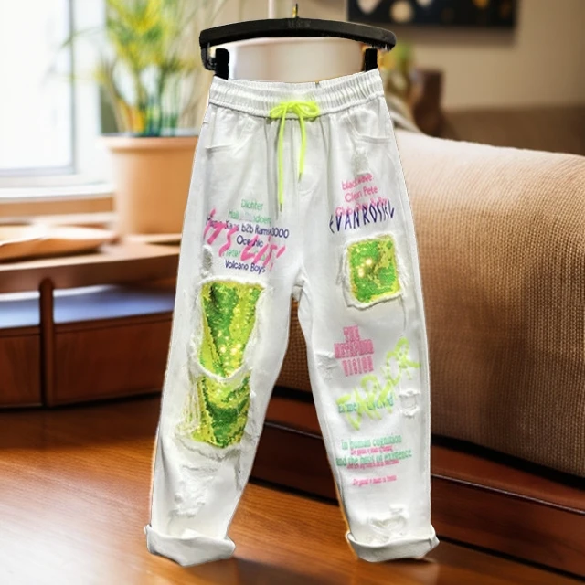 2025年秋季白色破洞亮片七分牛仔裤女时尚高腰宽松百搭八分直筒裤